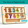 A wooden magnetic color sorting maze board with numbered slots and colored beads for toddlers.