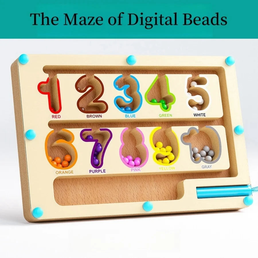 A wooden magnetic color sorting maze board with numbered slots and colored beads for toddlers.