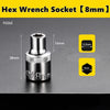 A silver hex wrench socket with an 8mm drive size is shown against a dark background.