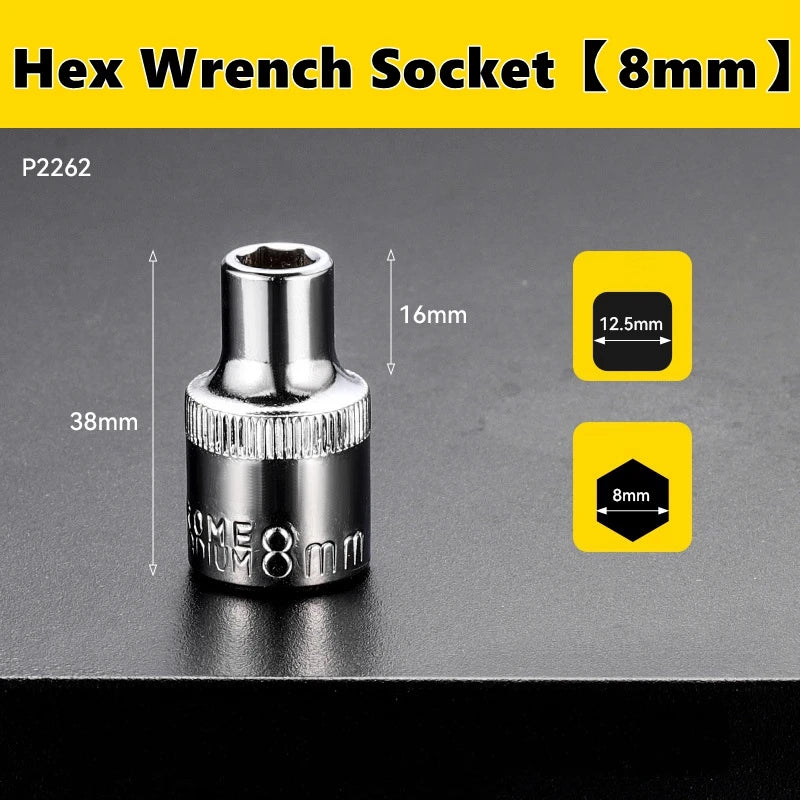 A silver hex wrench socket with an 8mm drive size is shown against a dark background.