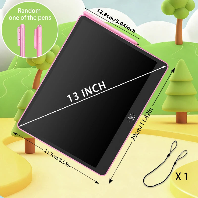 Une tablette d'écriture LCD rose de 13 pouces avec des accessoires dans un paysage vert extérieur.
