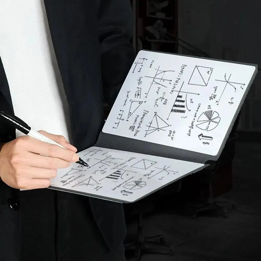 Une personne tient un carnet en cuir ouvert et un tableau blanc, écrivant sur le tableau avec un stylo.
