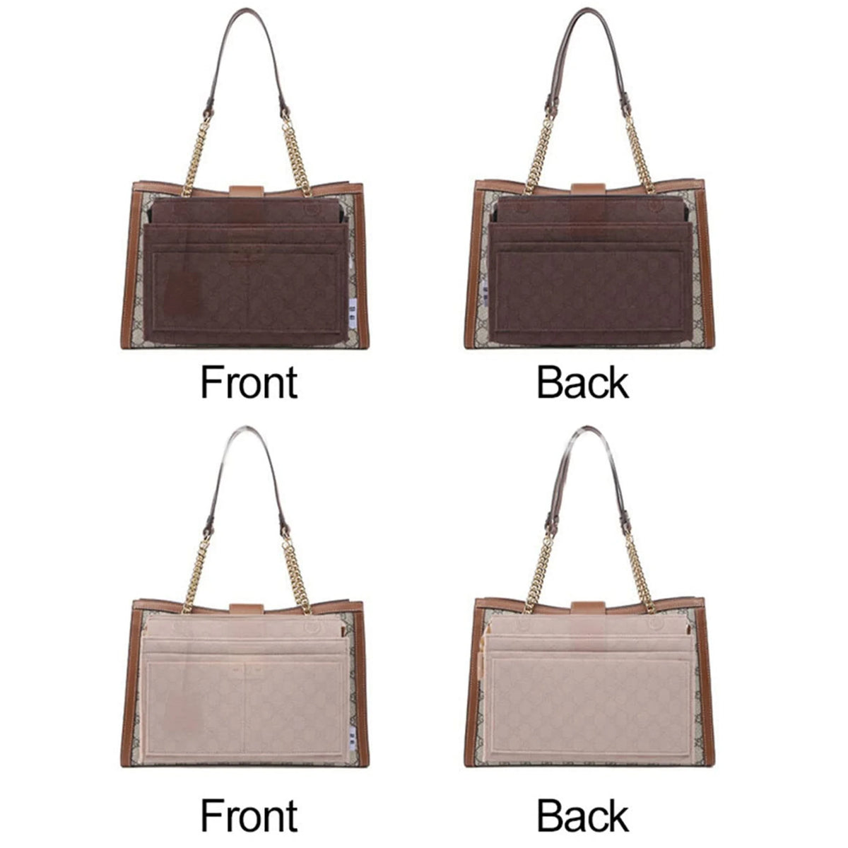 Front and back views of a brown felt multi-pocket purse organizer insert for handbags