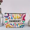 A zippered pouch filled with various colorful charging cables and power adapters for travel or desk organization.
