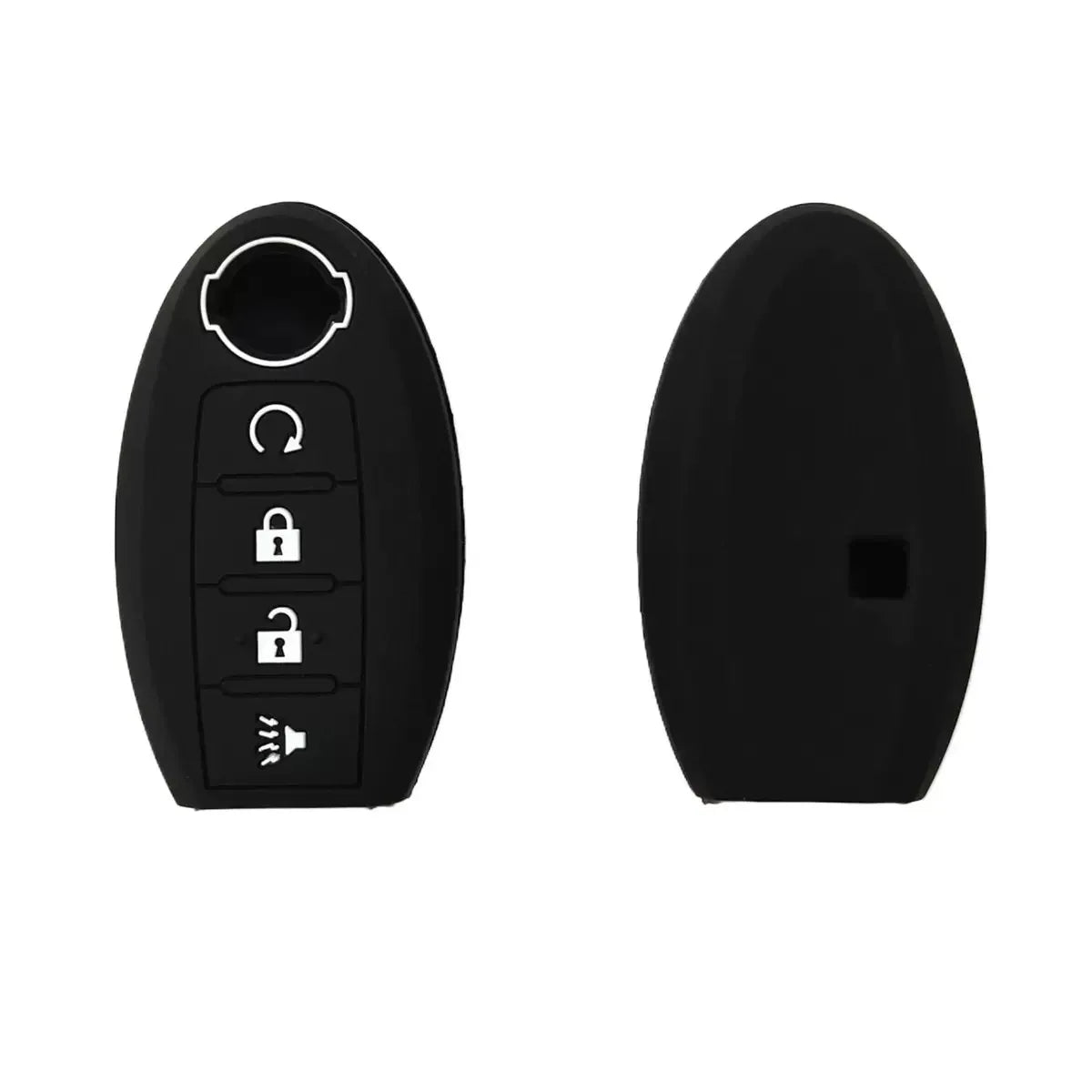 Black silicone key fob cover for Nissan vehicles showing various buttons and a cutout.