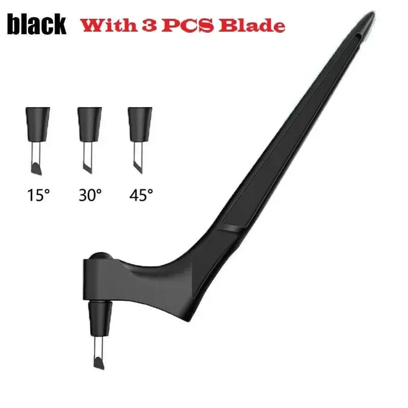 Black precision craft knife with three replacement blades shown at 15, 30, and 45 degree angles.