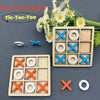 A wooden Tic-Tac-Toe game set featuring blue and orange wooden pieces on a gray background with white flowers.
