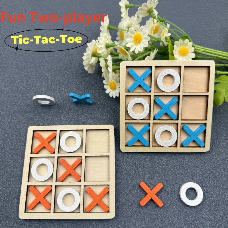 A wooden Tic-Tac-Toe game set featuring blue and orange wooden pieces on a gray background with white flowers.