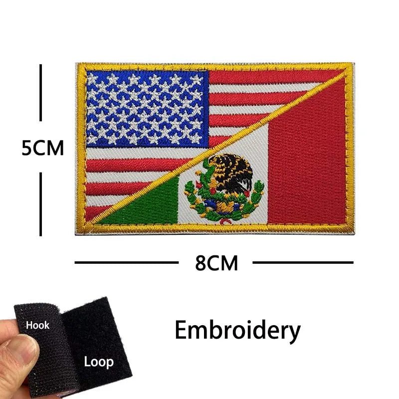 Mexican flag embroidery patch featuring an eagle skull design with hook and loop backing