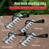 A collection of various thick weeding rakes, including 8-tooth, 7-tooth, and 6-tooth designs, displayed on a stone surface.
