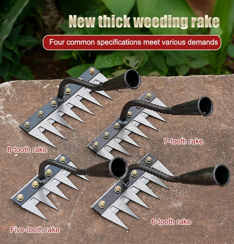 A collection of various thick weeding rakes, including 8-tooth, 7-tooth, and 6-tooth designs, displayed on a stone surface.