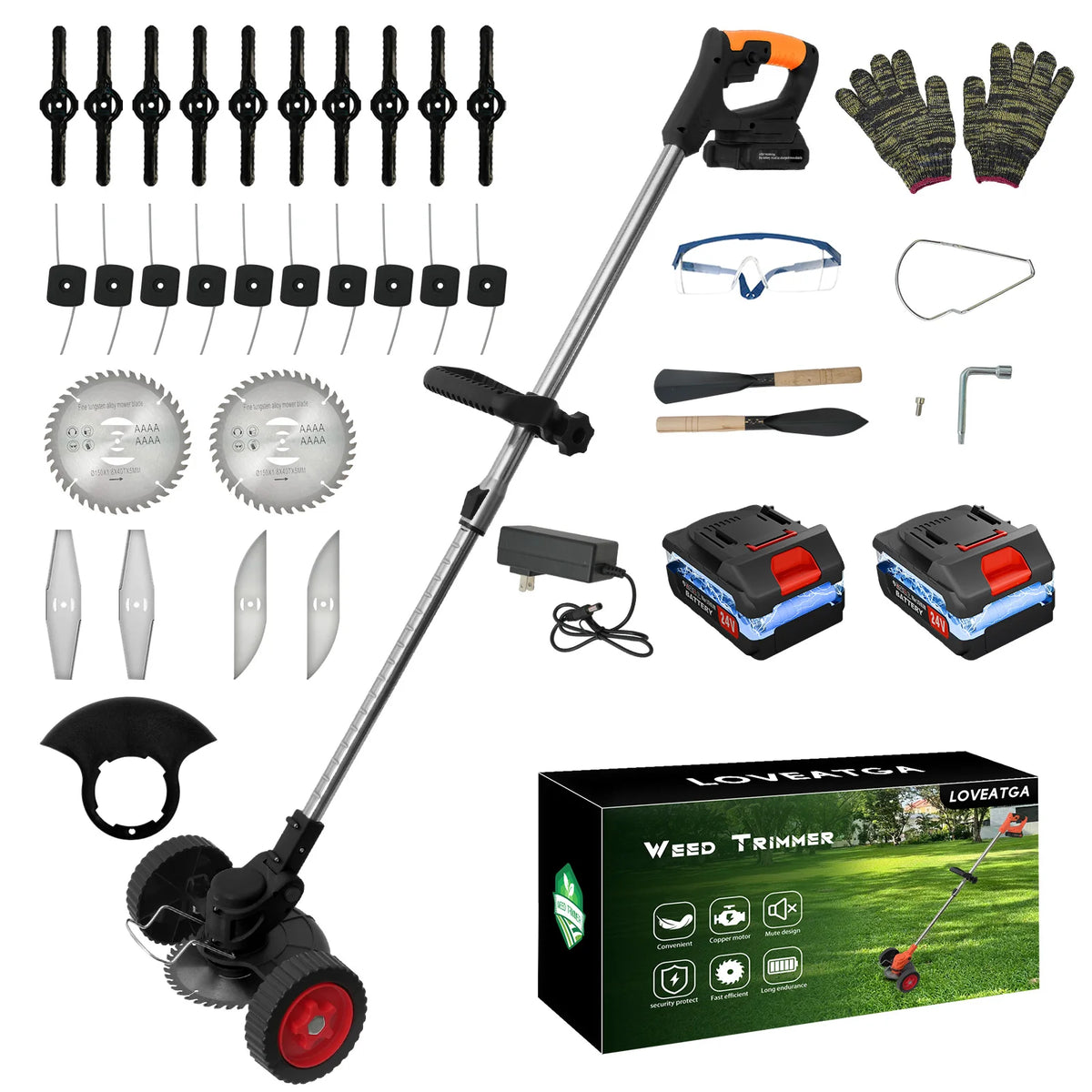 A cordless grass trimmer and edger tool with various attachments and two batteries shown on a pole.