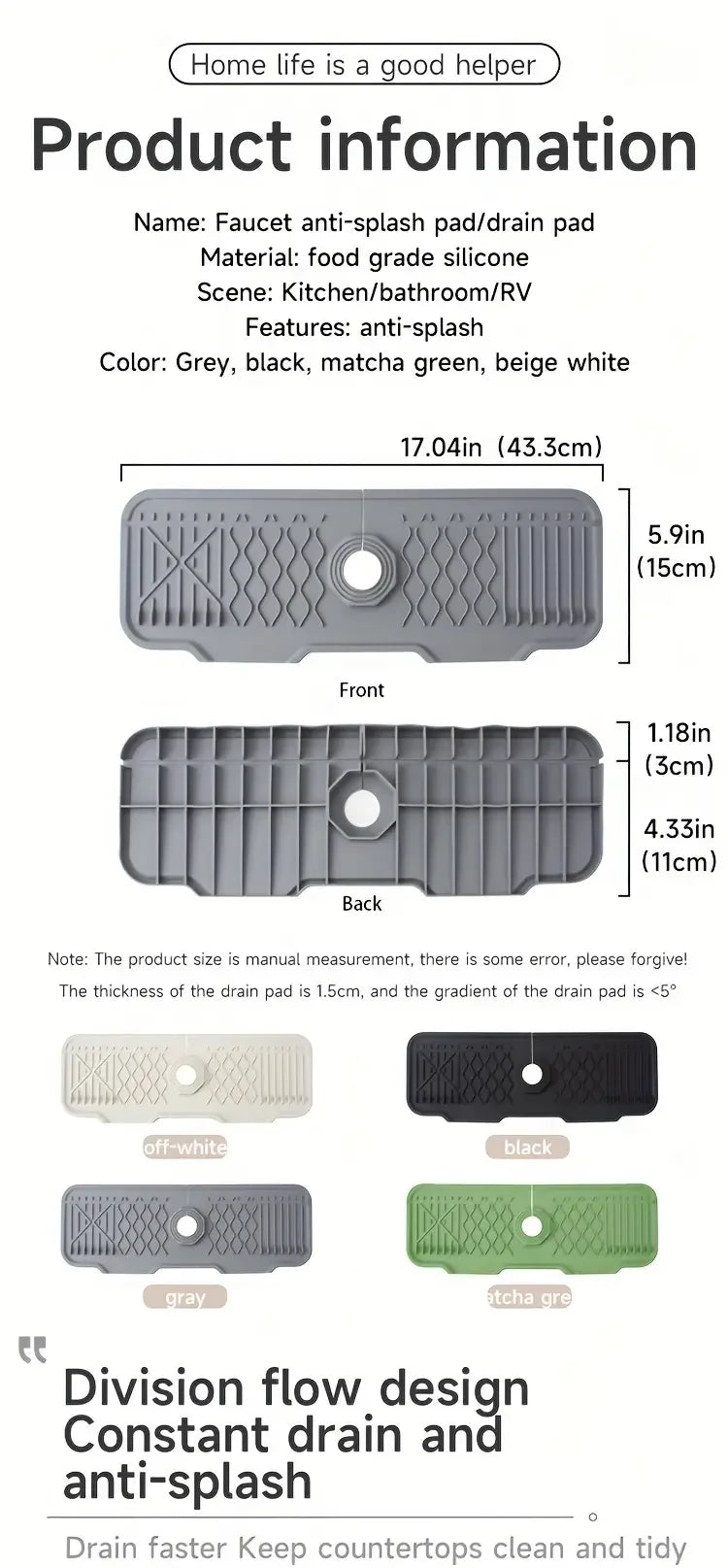 Gray, black, and matcha green anti-splash pad/drain pad silicone mat for kitchen use