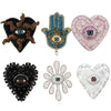 Four sparkling beaded rhinestone patches featuring various eye designs including a black cat, a blue hand, a pink heart, and 