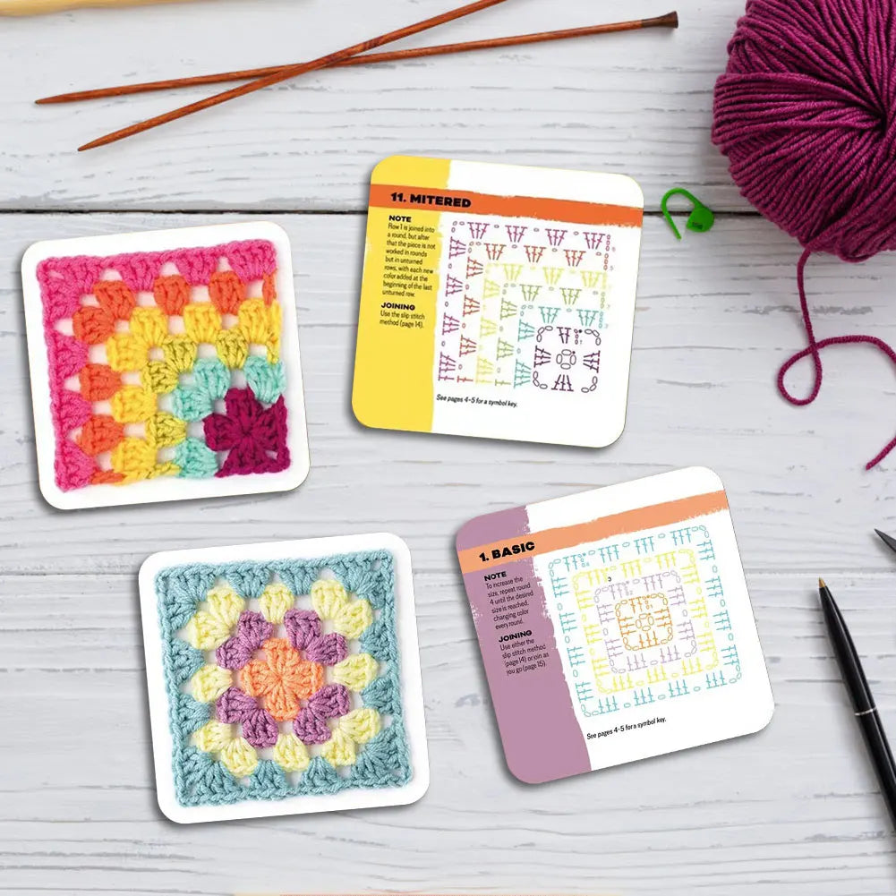 Five crochet square pattern cards with mixed designs and notes displayed on a white wooden surface.