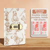 A beige notebook with a bear design and a gold lockable closure, next to a card holder displaying 50 inner pages.