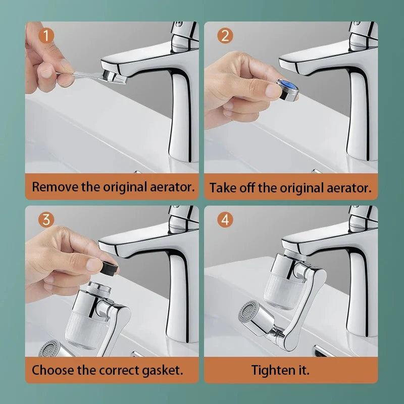 Four steps showing how to remove the original aerator and install a new gasket on a faucet extender.
