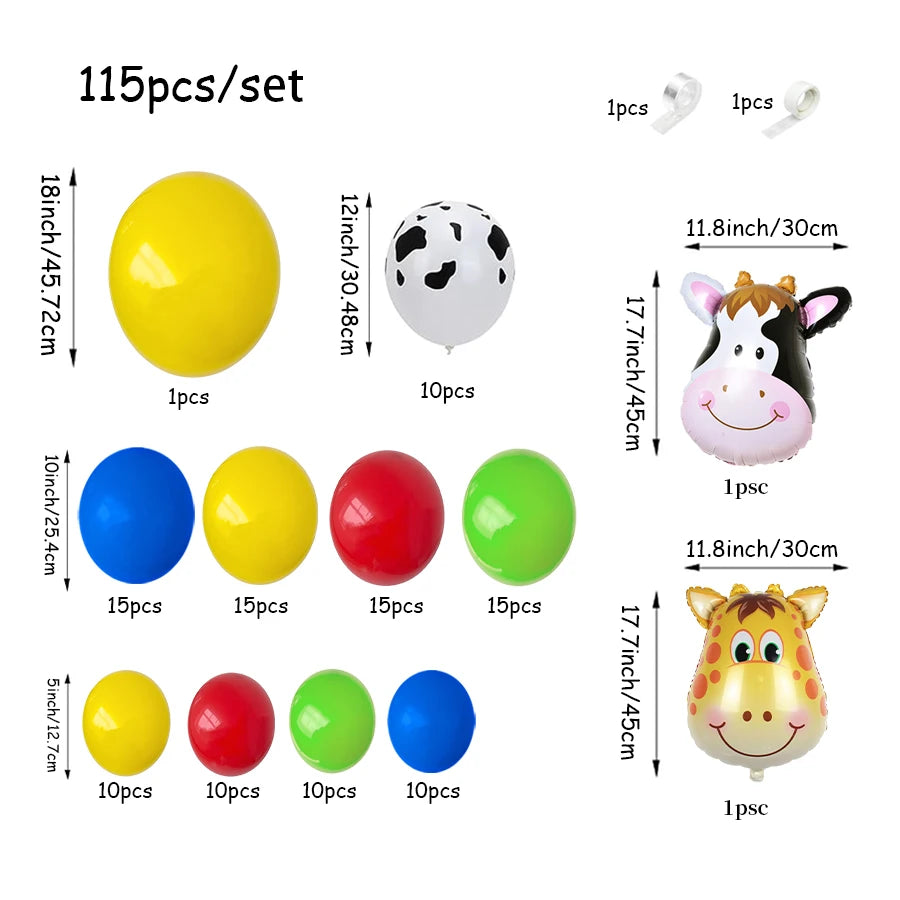 A set of 115 balloons including yellow, blue, red, and green spheres and a cow print balloon.