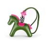 A green leather pony charm with pink accents and a checkered bow attached to a green leather strap.