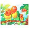 A wooden jigsaw puzzle featuring colorful birds in green foliage and blue water.