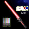 A black glowing musical toy sword with a red light blade and various colored lights shown in different configurations.