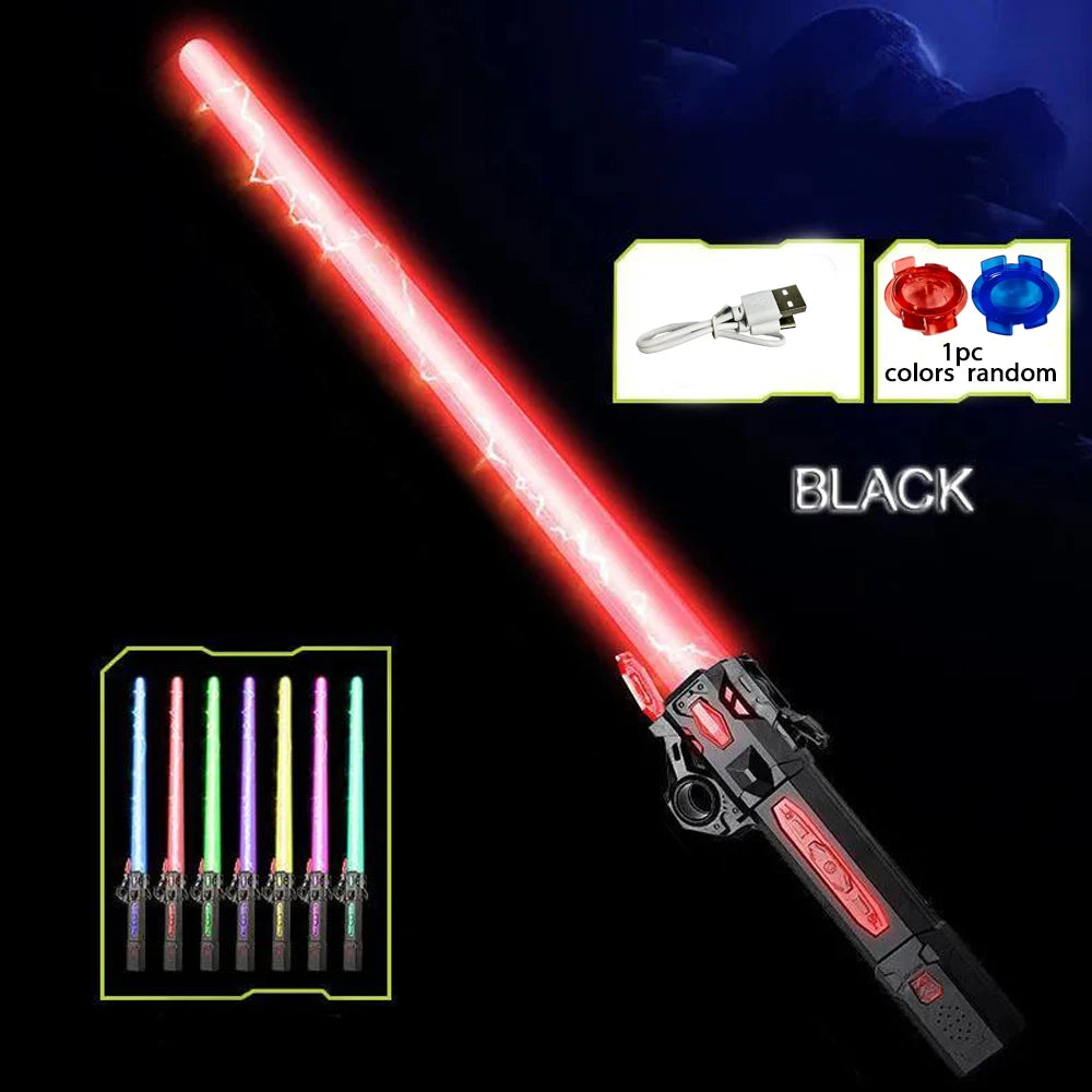 A black glowing musical toy sword with a red light blade and various colored lights shown in different configurations.