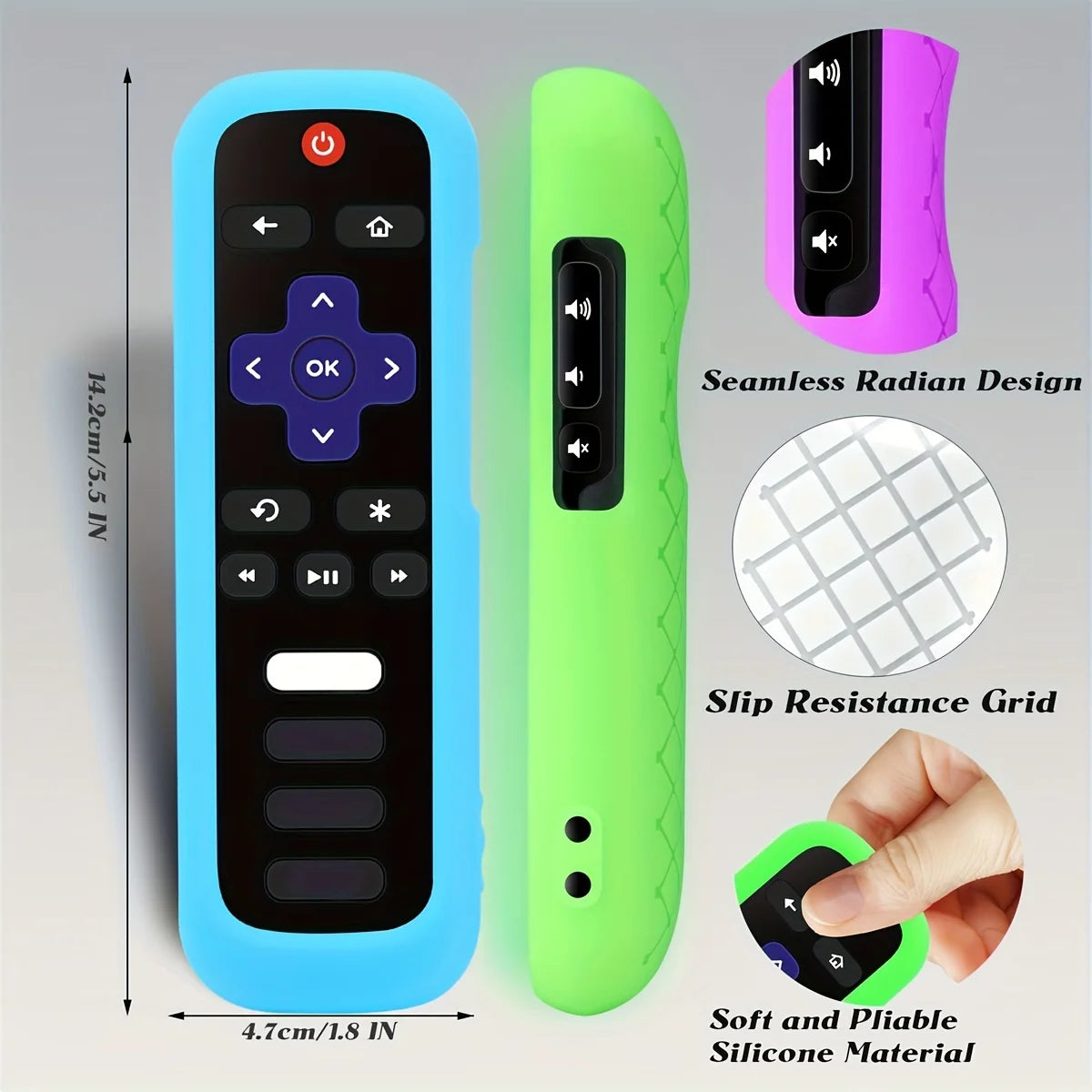 A blue remote cover and a lime green silicone case are shown with details about its design and material.