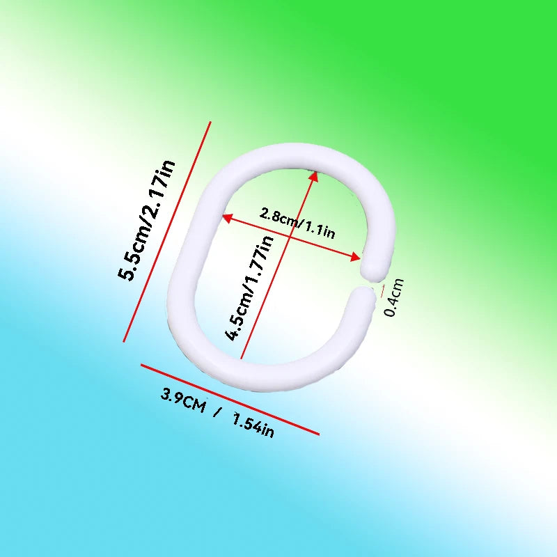 A white shower curtain ring showing various dimensions and measurements.