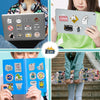 A collage showing various funny meme stickers applied to a laptop, a phone, and a notebook.