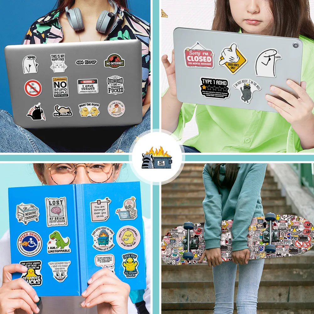 A collage showing various funny meme stickers applied to a laptop, a phone, and a notebook.