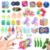 A collection of assorted fidget toys including spinners, pop-its, stress balls, and sensory items.