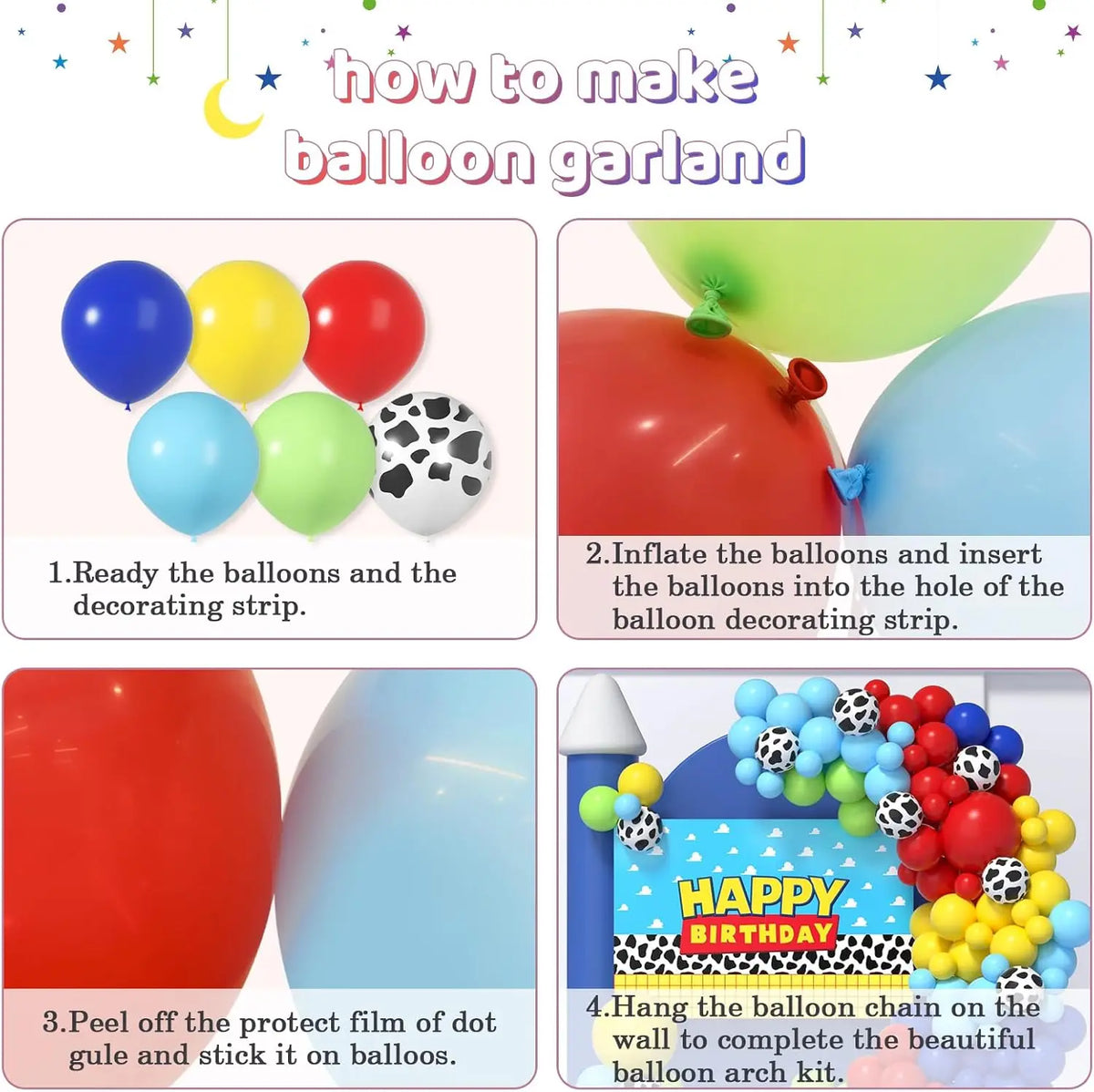 A set of balloons and a decorating strip for making a balloon garland.
