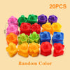 A collection of 20 colorful screw and nut building blocks in various shades including pink, green, purple, orange, and red.