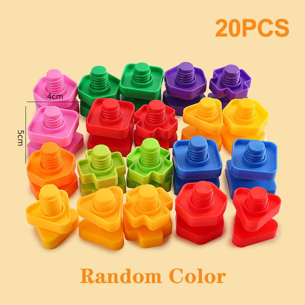 A collection of 20 colorful screw and nut building blocks in various shades including pink, green, purple, orange, and red.