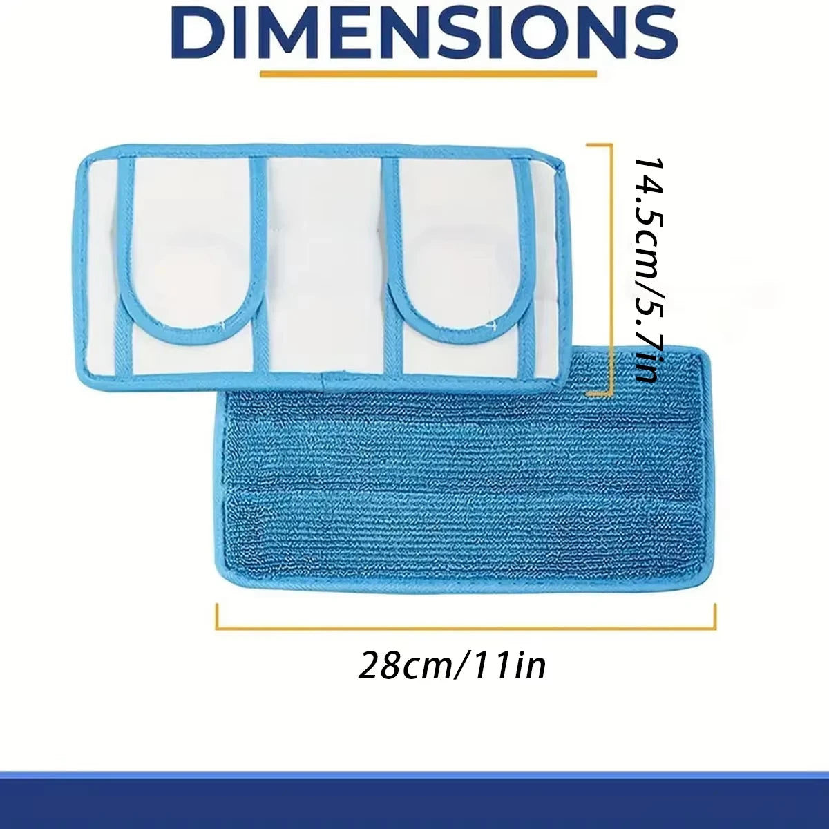 Reusable blue microfiber mop pads shown with dimensions of 14.5cm/5.7in and 28cm/11in