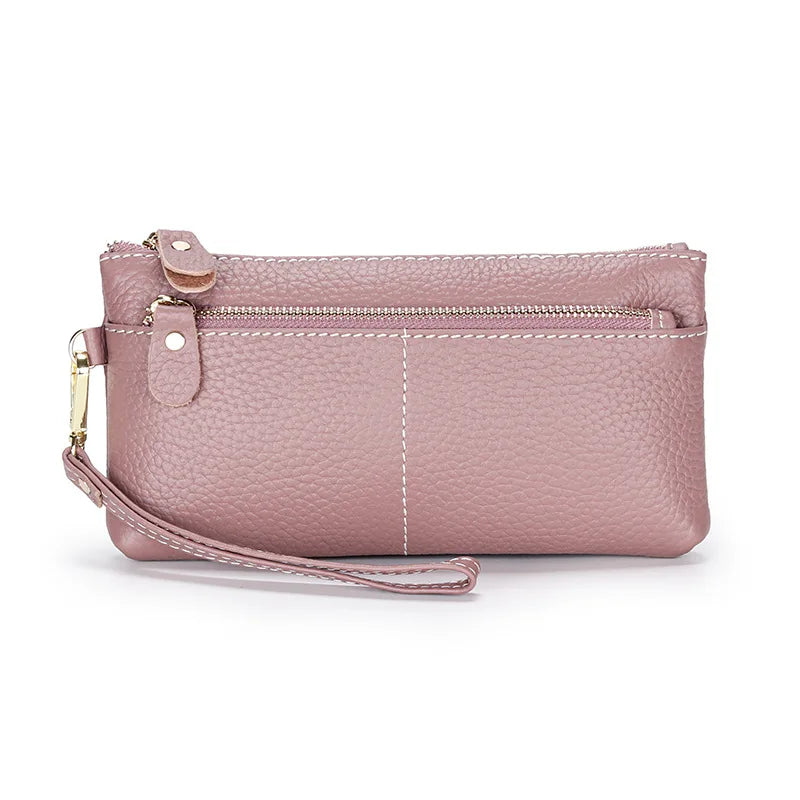 Genuine Cowhide Leather Long Wallet with Zipper Closure