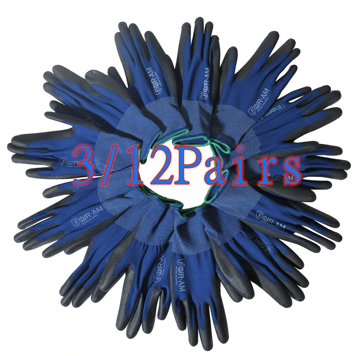 A circular arrangement of twelve dark blue ultra-thin PU-coated work gloves with black fingertips.