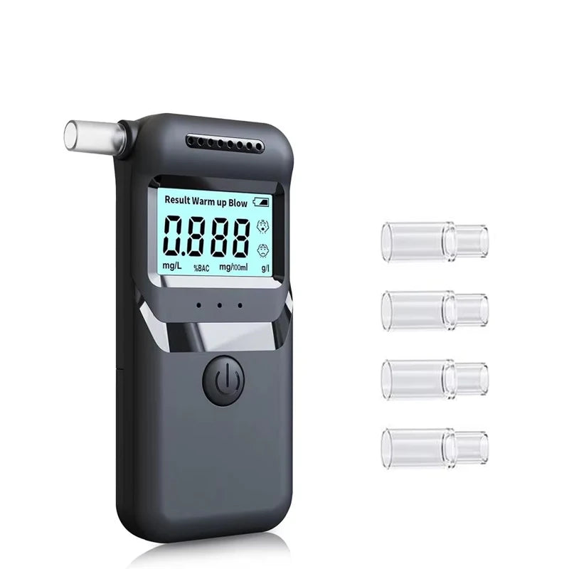 A portable digital breathalyzer device in gray with an LCD display and five clear glass mouthpieces.