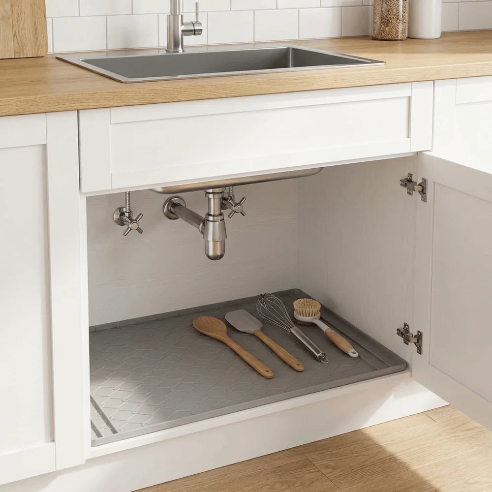 A silicone mat is placed inside an under sink cabinet to protect the surface.