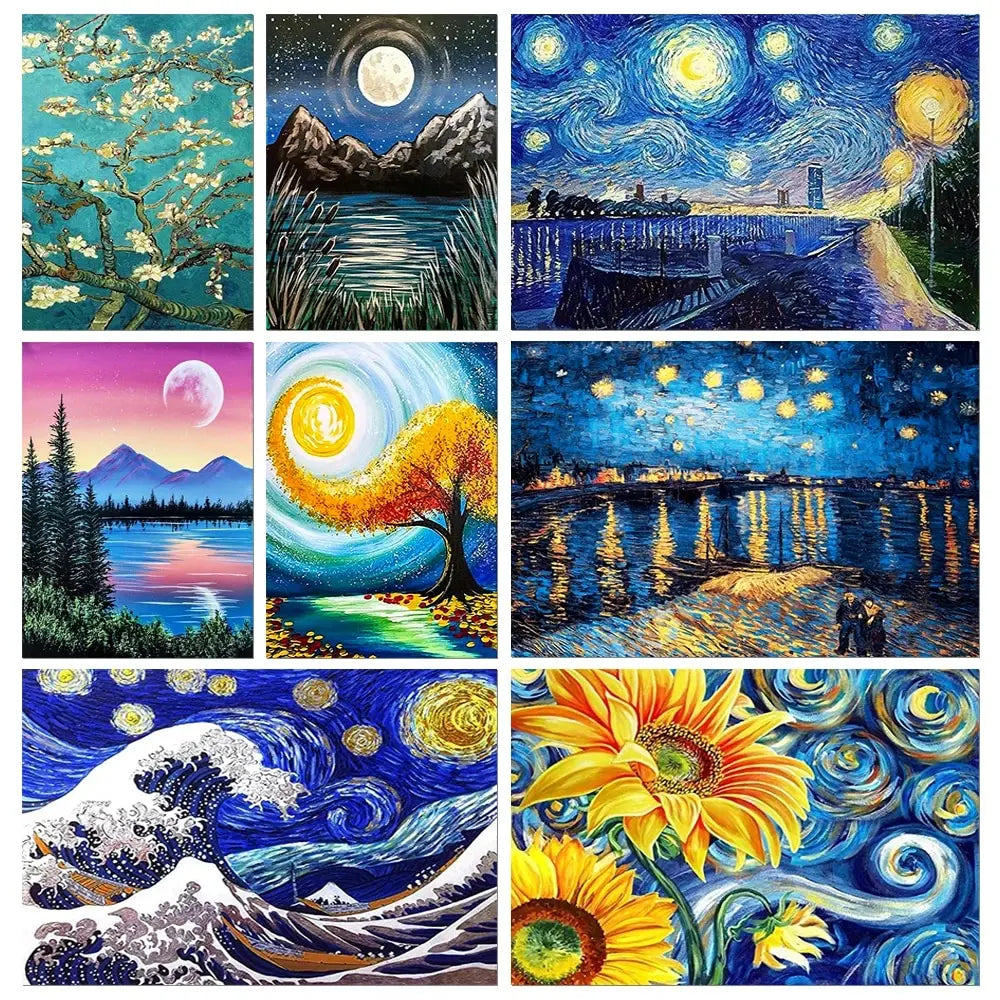 A collage of vibrant paintings featuring celestial scenes, landscapes, and abstract swirls.