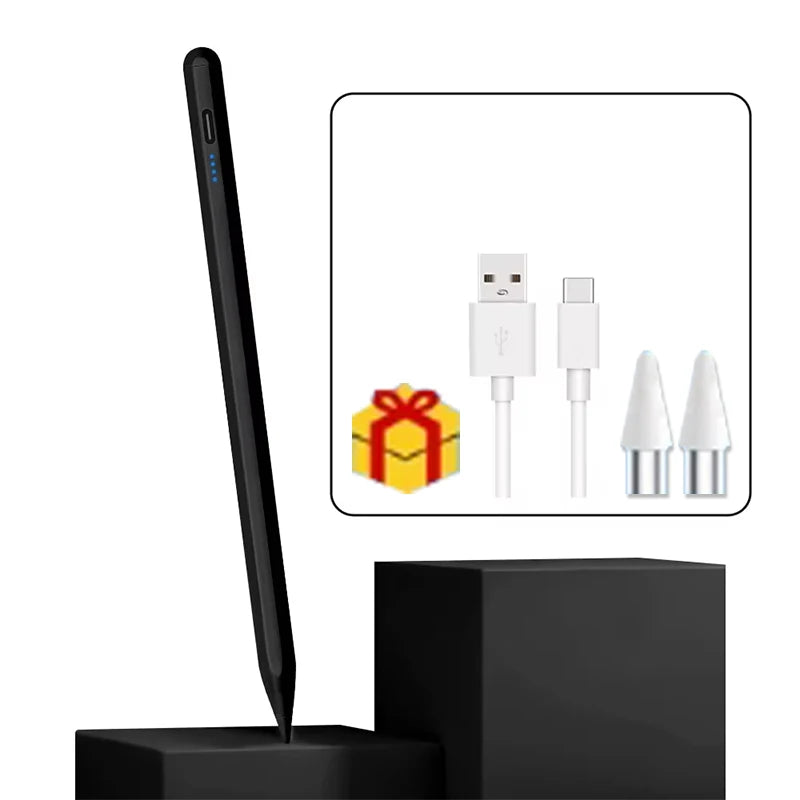 Un bolígrafo stylus negro de precisión junto a varias puntas y conectores USB sobre un fondo blanco.
