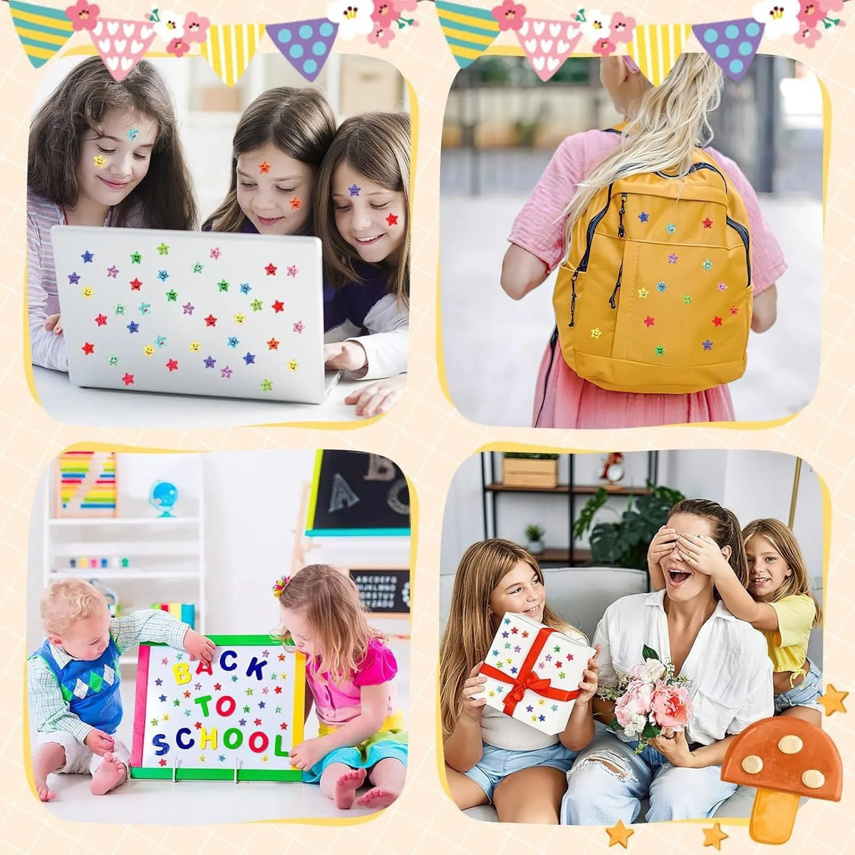 Children are using a glitter star sticker set with happy face designs for play and decoration.