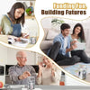 A family is shown in a bright home setting with various financial planning and saving related items.
