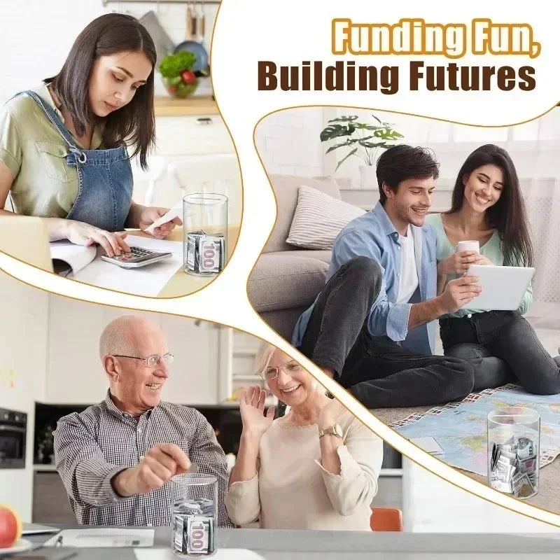 A family is shown in a bright home setting with various financial planning and saving related items.