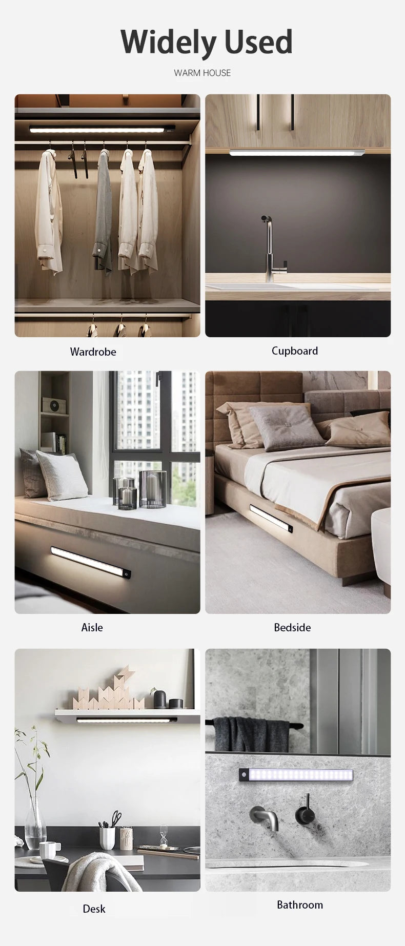 A collection of widely used interior lighting fixtures including a wardrobe, cupboard, aisle, bedside, desk, and bathroom lig