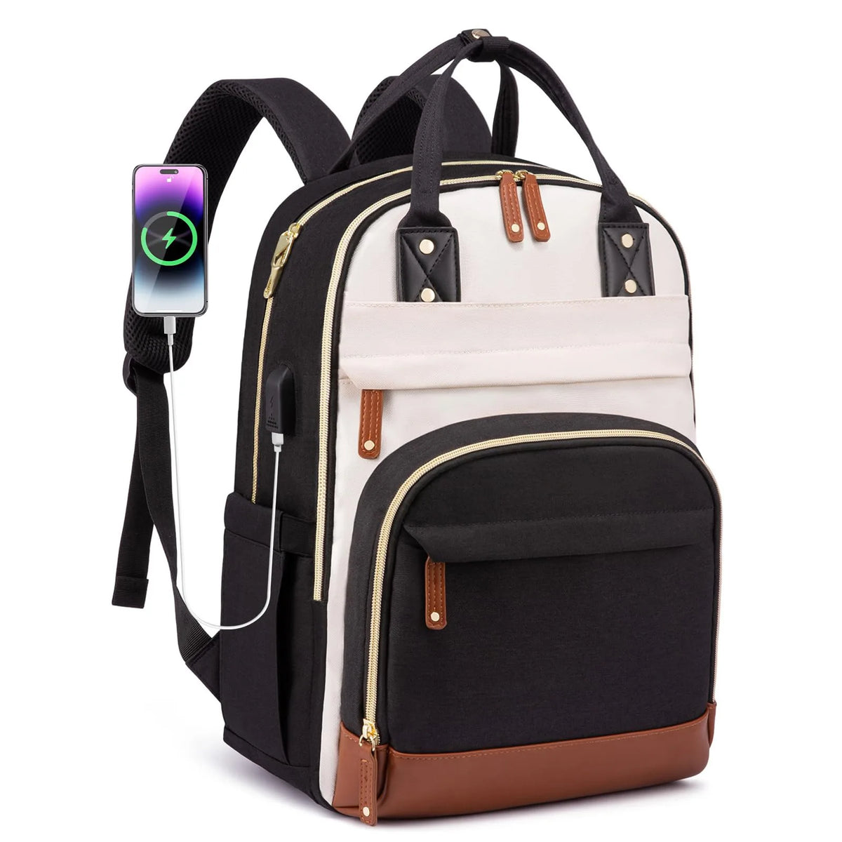 A black and white anti-theft laptop backpack with a purple smartphone attached.