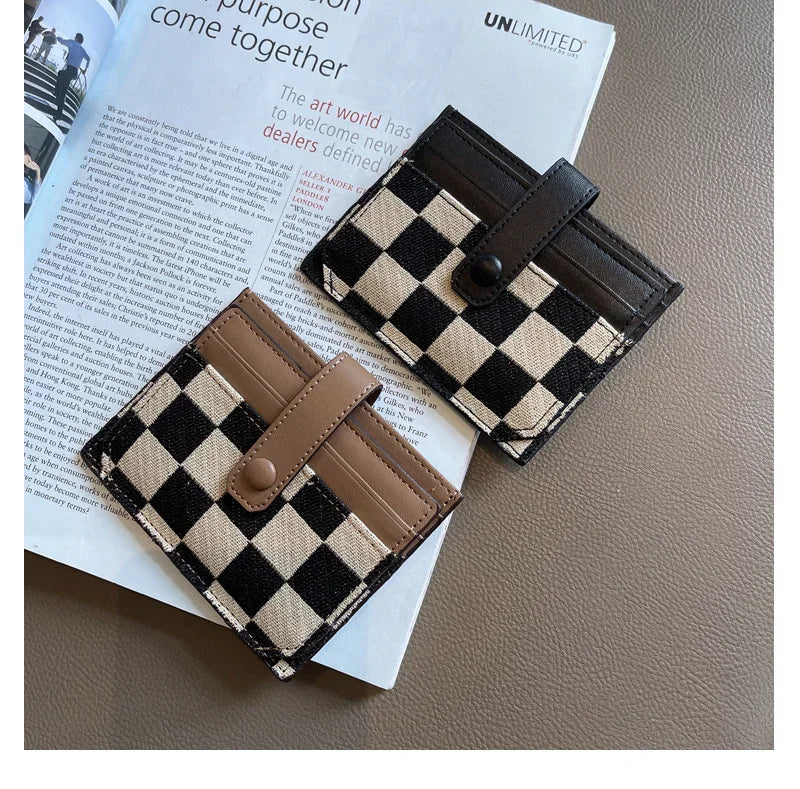 Checkered Canvas Card Wallet with Buckle Closure