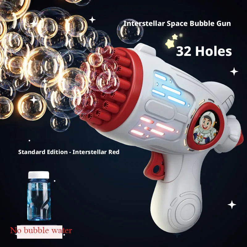 A white and red interstellar space bubble gun with 32 holes is shown firing bubbles against a dark background.