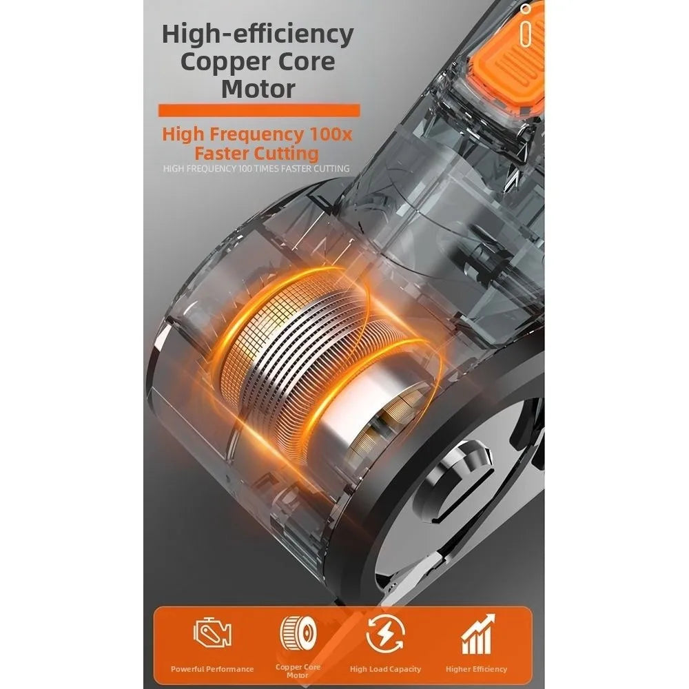 Close-up view of a high-efficiency copper core motor for a cordless rotary scissors tool.