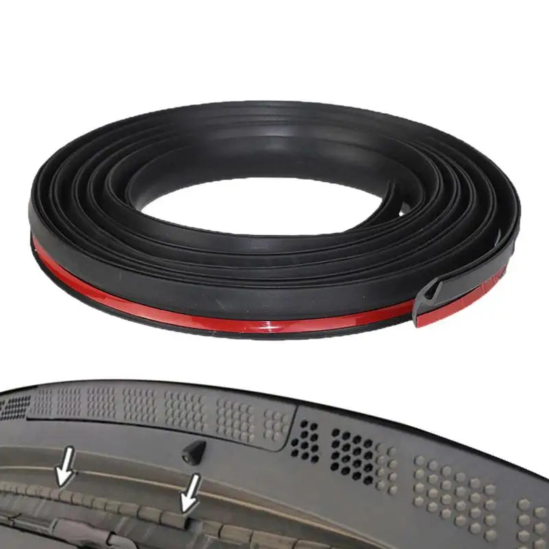 A roll of black and red flexible rubber windshield seal strip for noise reduction and water blocking.
